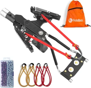 Goldboy Professional Slingshot with Red Beam Sight, Wrist Rocket Slingshot with Flashlight, Hunting & Shooting Slingshot with 4 Rubber Bands Replacement and 220 Ammo for Adults (Upgrade, Black)