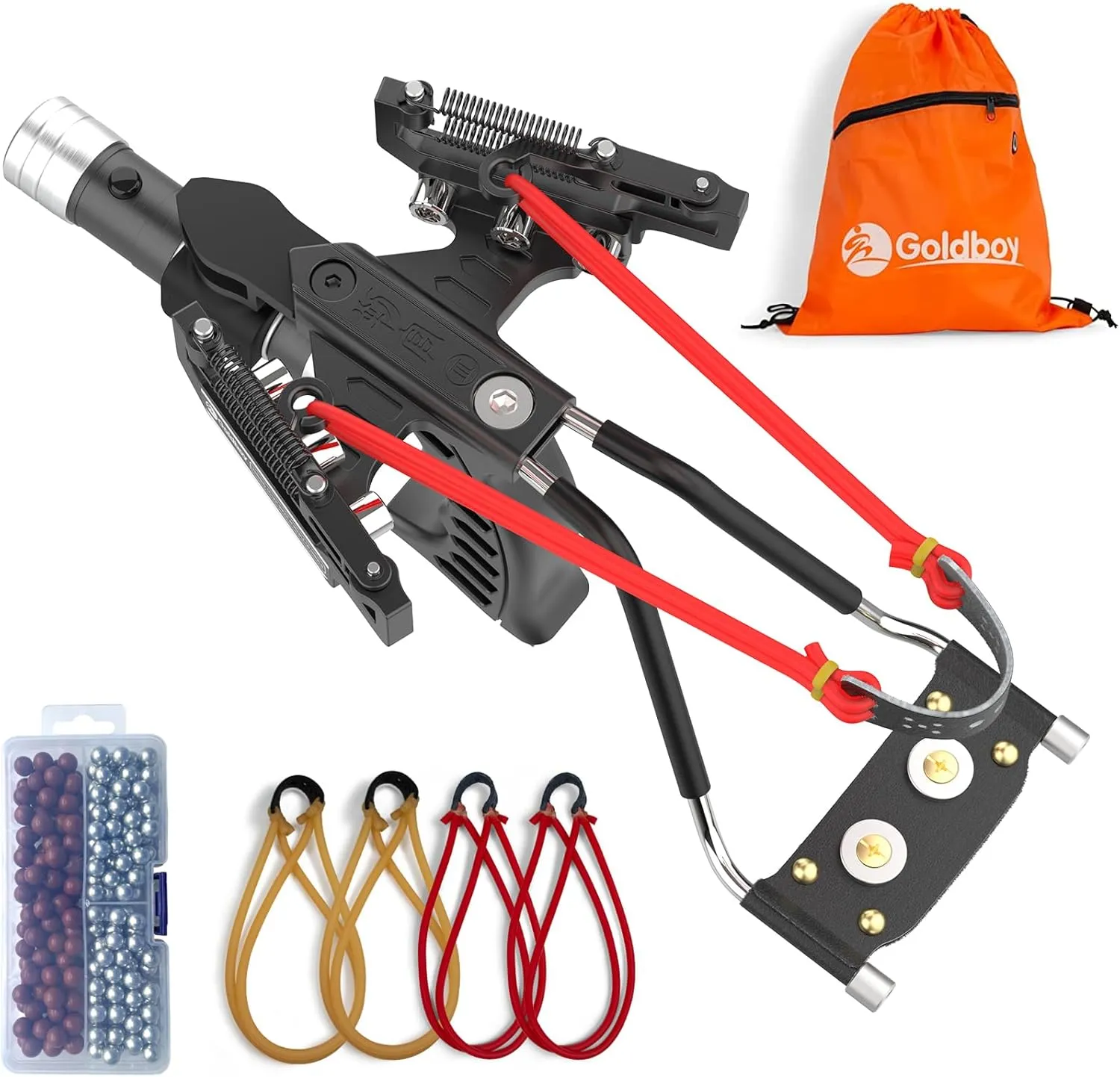 Goldboy Professional Slingshot with Red Beam Sight, Wrist Rocket Slingshot with Flashlight, Hunting & Shooting Slingshot with 4 Rubber Bands Replacement and 220 Ammo for Adults (Upgrade, Black)