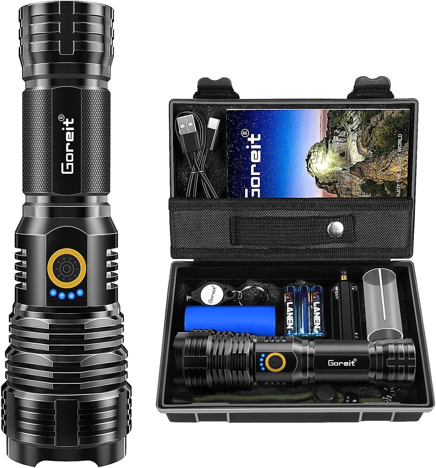 Goreit Flashlights LED High Lumens Rechargeable, 2000 Lumens XHP70.2 Super Bright Flashlight, Flash Light Battery Powered, Powerful Handheld Flashlight with Holster for Emergency Camping Hiking Gift