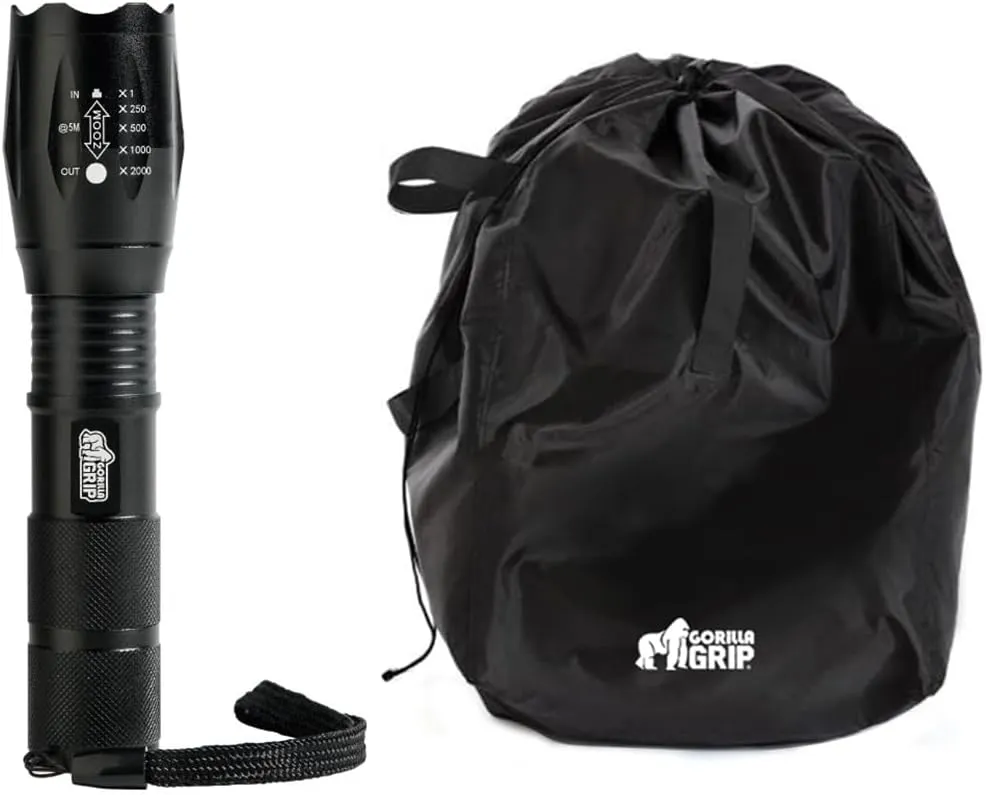 Gorilla Grip Powerful LED 750 FT Water Resistant Tactical Flashlight and Car Seat Travel Bag, Flashlight 750Ft, 5 Adjustable Mode, Bag Size 34x 18 in, Tear Resistant, Both Color Black, 2 Item Bundle