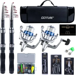 Goture Fishing Rod and Reel Combos-2PCS Telescopic Fishing Pole 2PCS Pre-Loaded Spinning Reels with Carrier Bag,Telescopic Rod Reel Lures Kit for Starter Travel Saltwater Freshwater,Gifts for Men