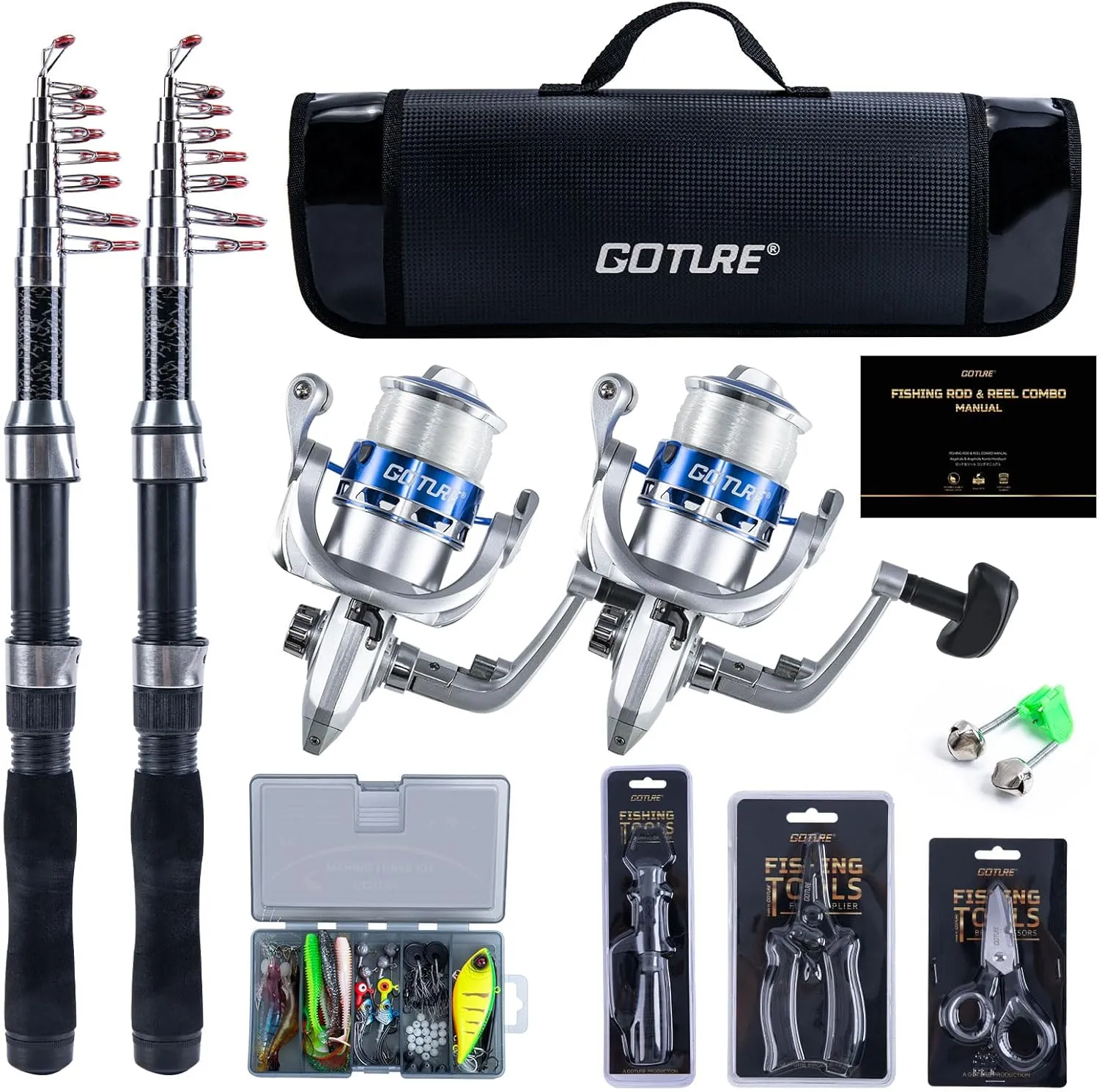 Goture Fishing Rod and Reel Combos-2PCS Telescopic Fishing Pole 2PCS Pre-Loaded Spinning Reels with Carrier Bag,Telescopic Rod Reel Lures Kit for Starter Travel Saltwater Freshwater,Gifts for Men