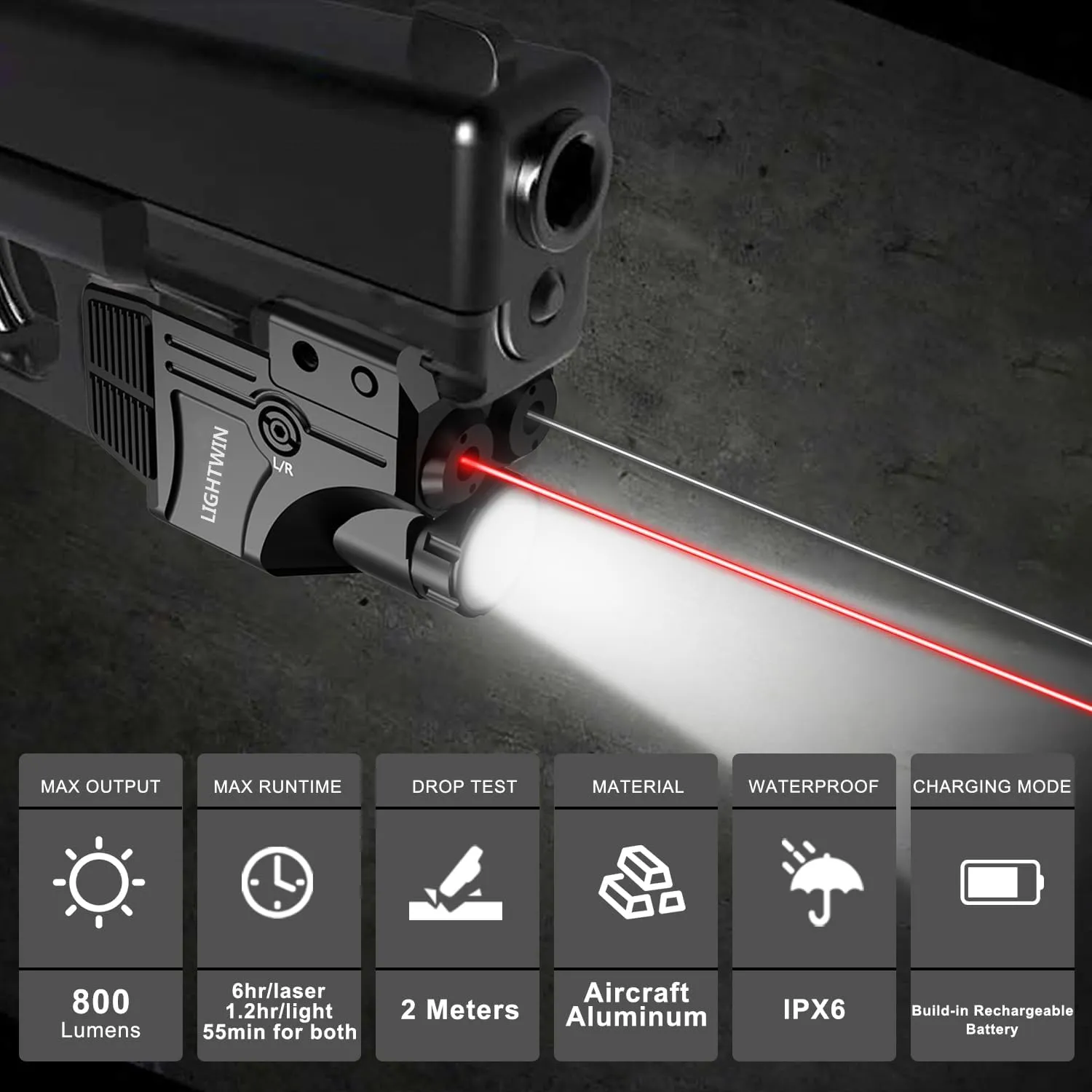 Green Blue Red Purple Infrared Laser Beam with 800 Lumen LED Light for Pistol, 3 in 1 Laser Flashlight Combo, USB Rechargeable Laser Sight with Strobe Flashlight