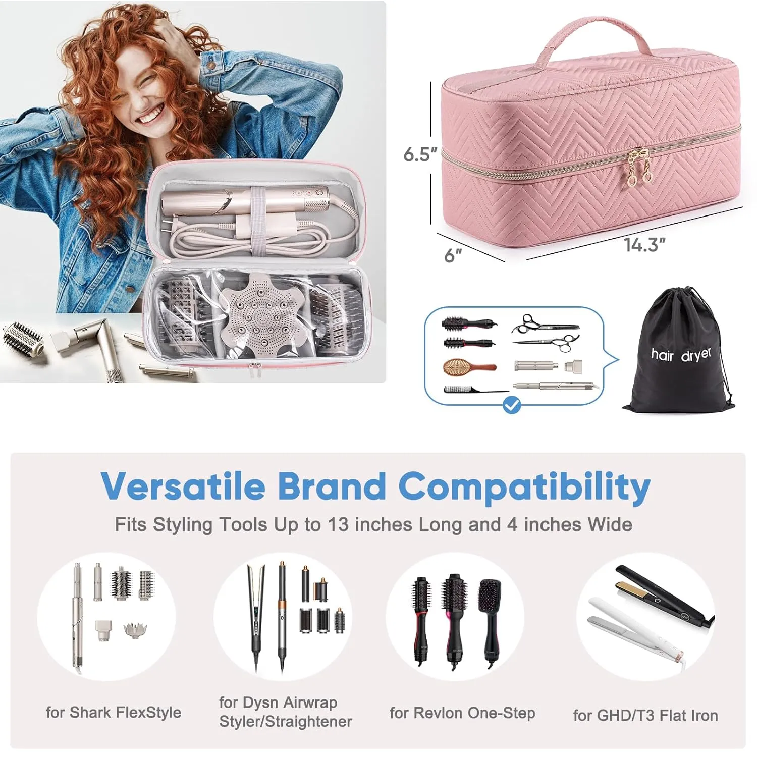 Hair Tools Travel Case with Black Hair Dryer Bag, Large Hair Tools Travel Carrying Case for Shark FlexStyle/SmoothStyle - Hair Air Wrap Dryer Storage Case Flat Curling Iron Travel Organizer