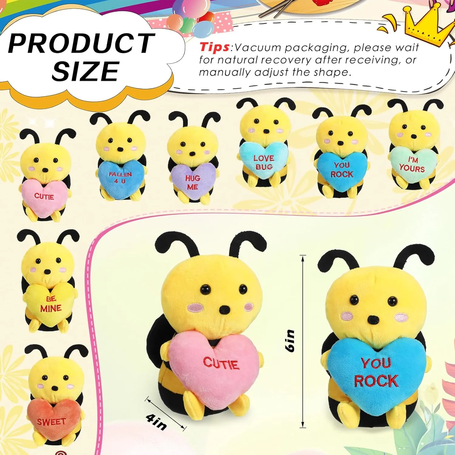 Hanaive 8 Pcs Valentines Day Stuffed Animals Bulk Valentine Plush Animals Toys with Holding Heart Sweet Romantic Anniversary Birthday Funny Gift for Her Girls Boys Girlfriend (Bee)