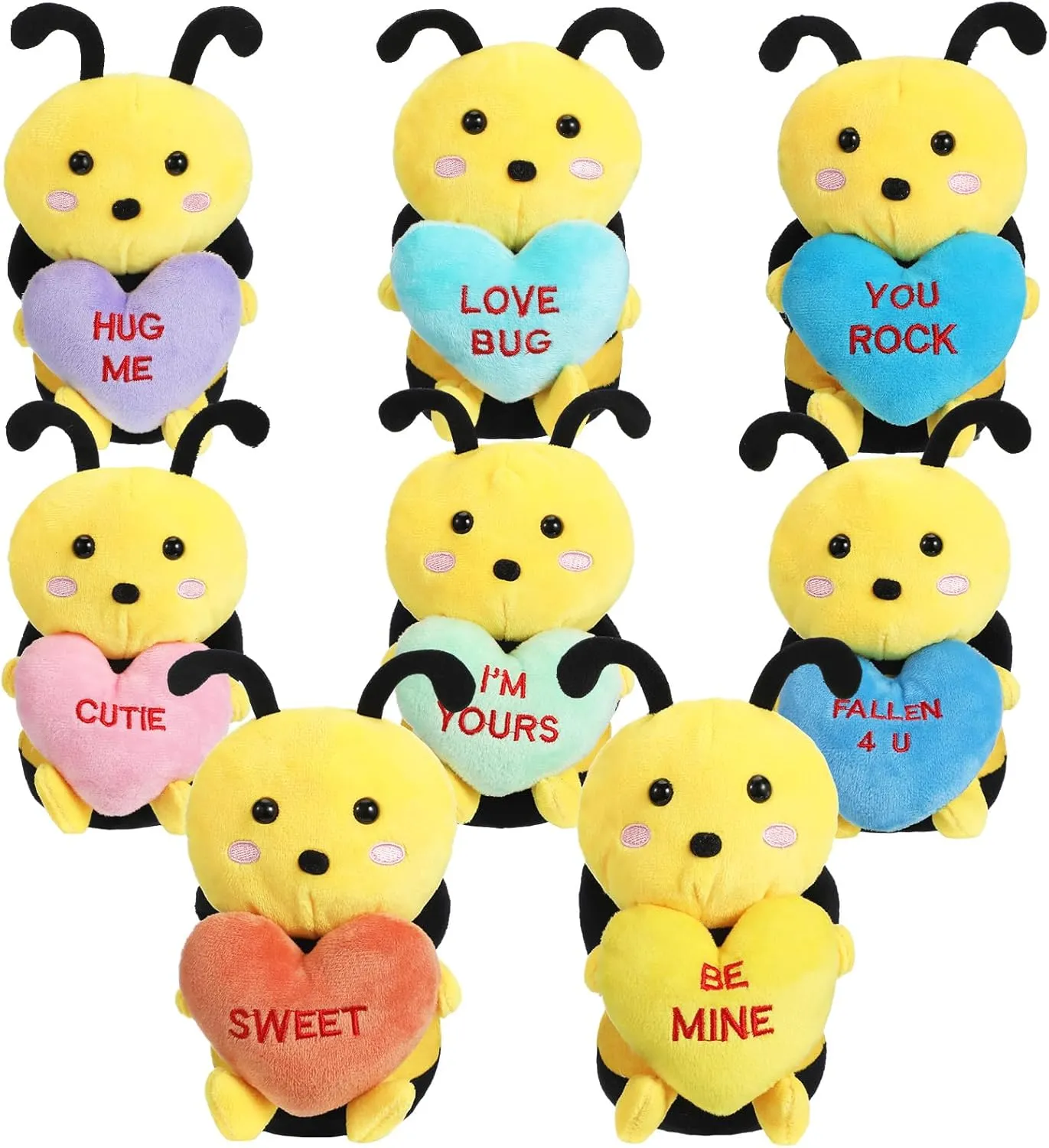 Hanaive 8 Pcs Valentines Day Stuffed Animals Bulk Valentine Plush Animals Toys with Holding Heart Sweet Romantic Anniversary Birthday Funny Gift for Her Girls Boys Girlfriend (Bee)
