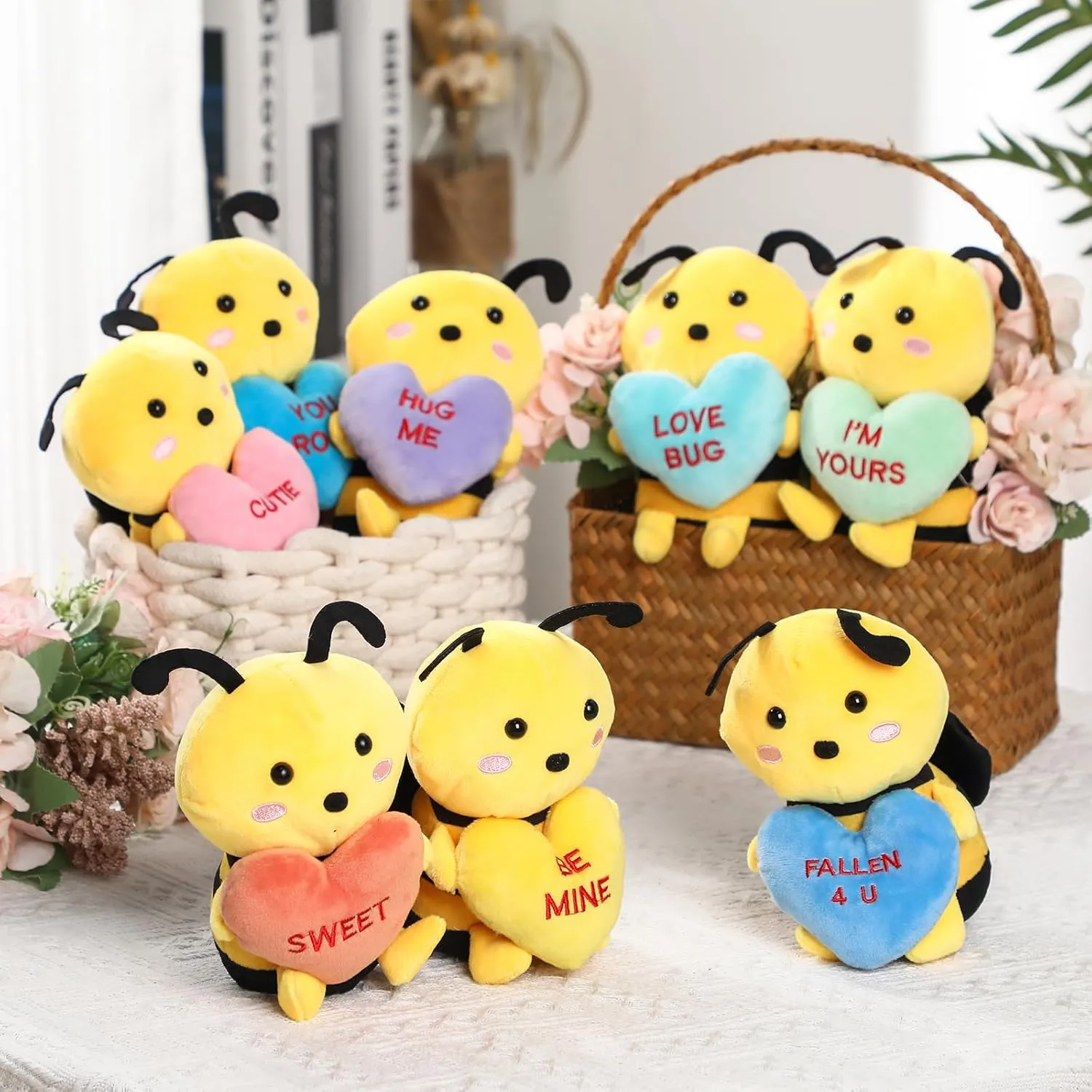 Hanaive 8 Pcs Valentines Day Stuffed Animals Bulk Valentine Plush Animals Toys with Holding Heart Sweet Romantic Anniversary Birthday Funny Gift for Her Girls Boys Girlfriend (Bee)