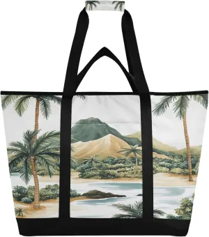 Hawaiian Coastline Reusable Insulated Cooler Bag with Ice Pack Compartment - Large 79L Waterproof Thermal Grocery Tote for Picnic Beach Camping Lunch Storage