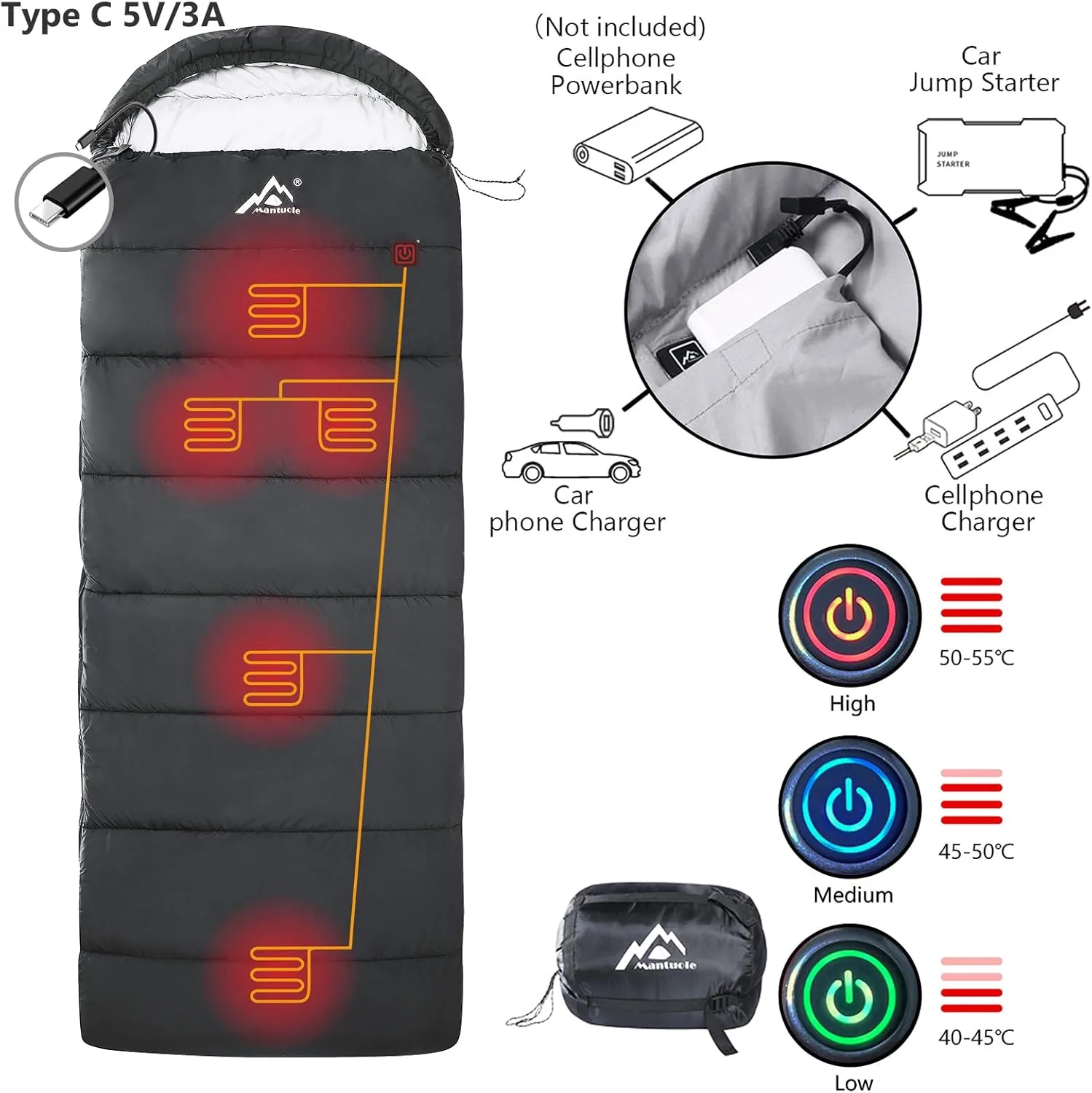 Heated Sleeping Bag - 5pcs Multi USB Power Support Heating Pads, Operated with Battery Power Bank or Other USB Supplies, Portable Compact Envelope Style Bag