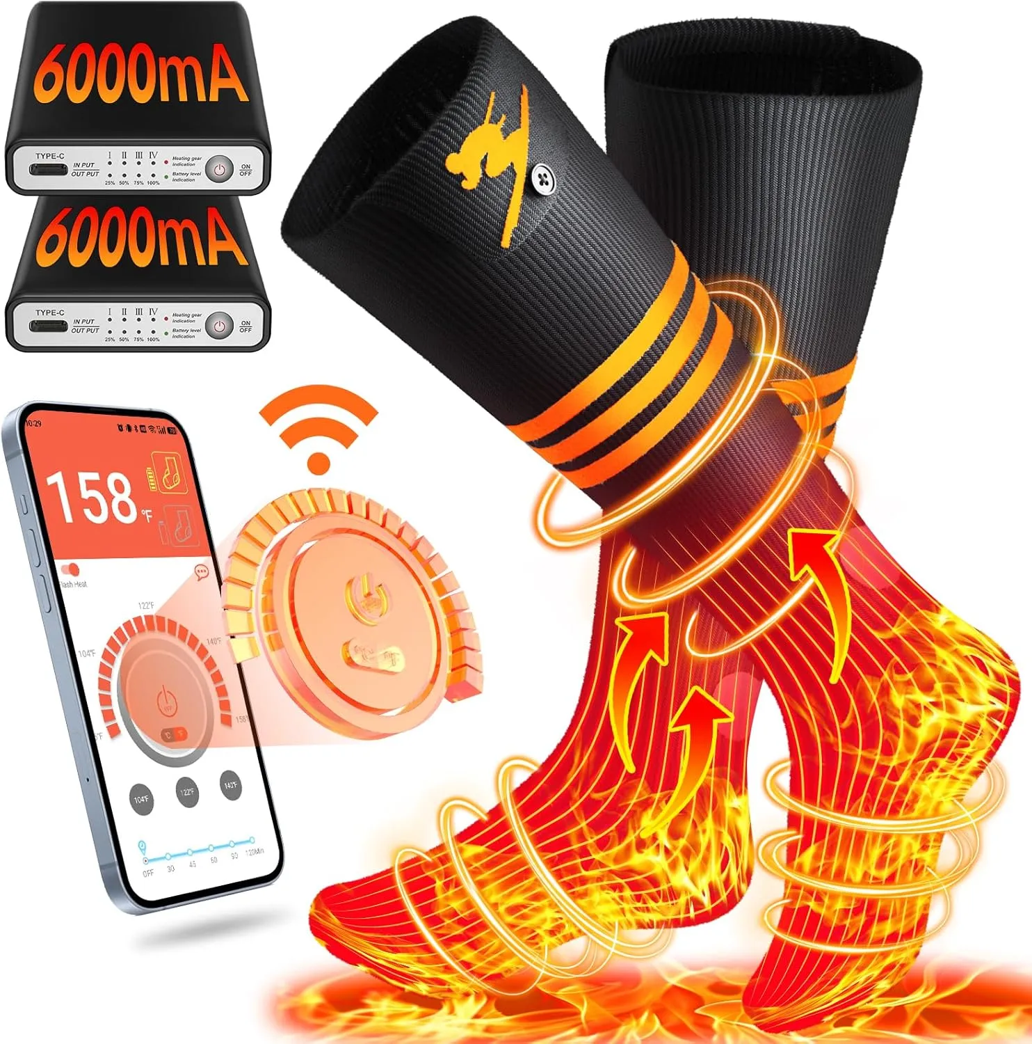 Heated Socks for Men Women, JYew AI 6000mAh*2 Battery Rechargeable Electric Heated Socks Up to 11 Hours,Smart Foot Warmers Washable for Camping Fishing Cycling Skiing Hiking (Dark Black&White, L)