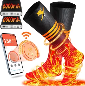 Heated Socks for Men Women, JYew AI 6000mAh*2 Battery Rechargeable Electric Heated Socks Up to 11 Hours,Smart Foot Warmers Washable for Camping Fishing Cycling Skiing Hiking (Dark Black&White, L)