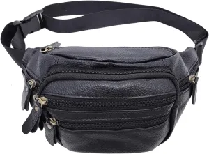 Hebetag Leather Waist Pack Outdoor Fanny Bag for Men Women Travel Hiking Camping Running Hip Bum Belt Cell Phone Purse Wallet Pouch (Black)