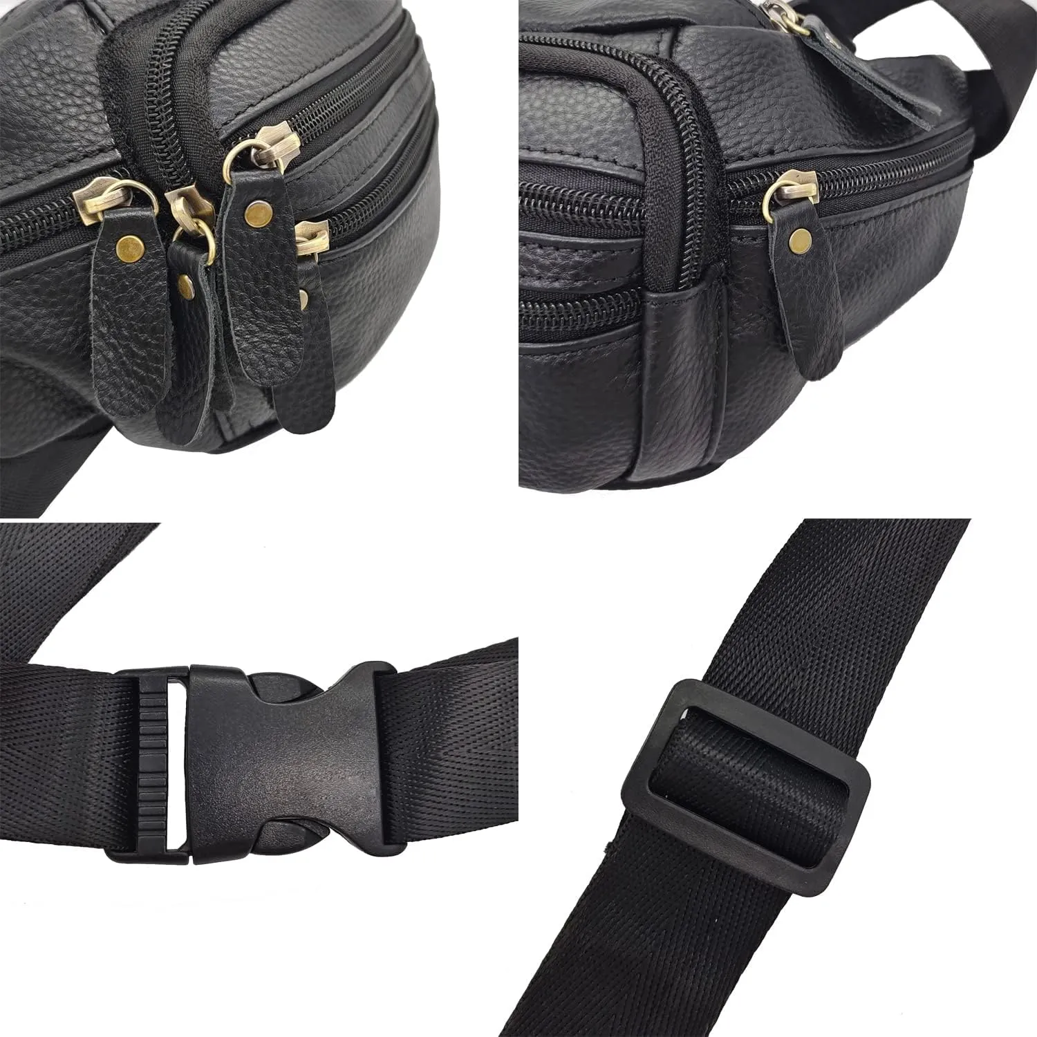 Hebetag Leather Waist Pack Outdoor Fanny Bag for Men Women Travel Hiking Camping Running Hip Bum Belt Cell Phone Purse Wallet Pouch (Black)