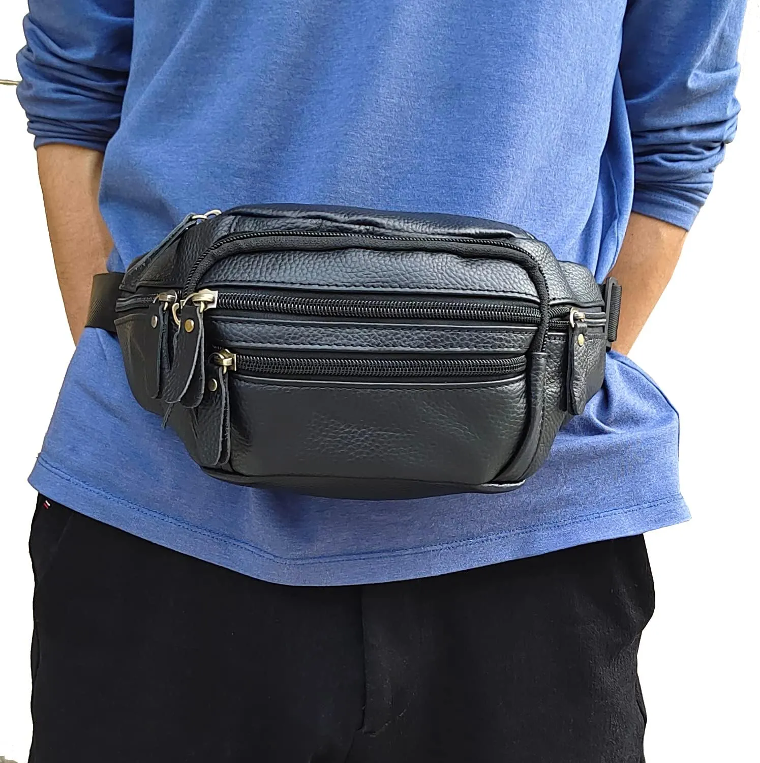 Hebetag Leather Waist Pack Outdoor Fanny Bag for Men Women Travel Hiking Camping Running Hip Bum Belt Cell Phone Purse Wallet Pouch (Black)