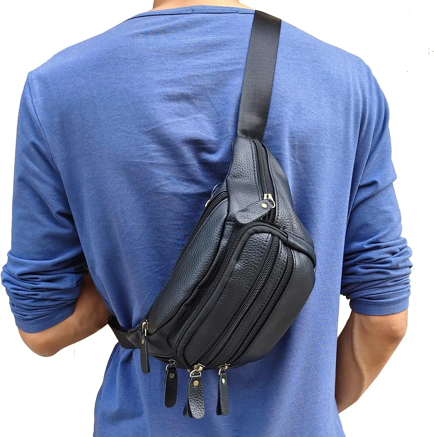 Hebetag Leather Waist Pack Outdoor Fanny Bag for Men Women Travel Hiking Camping Running Hip Bum Belt Cell Phone Purse Wallet Pouch (Black)