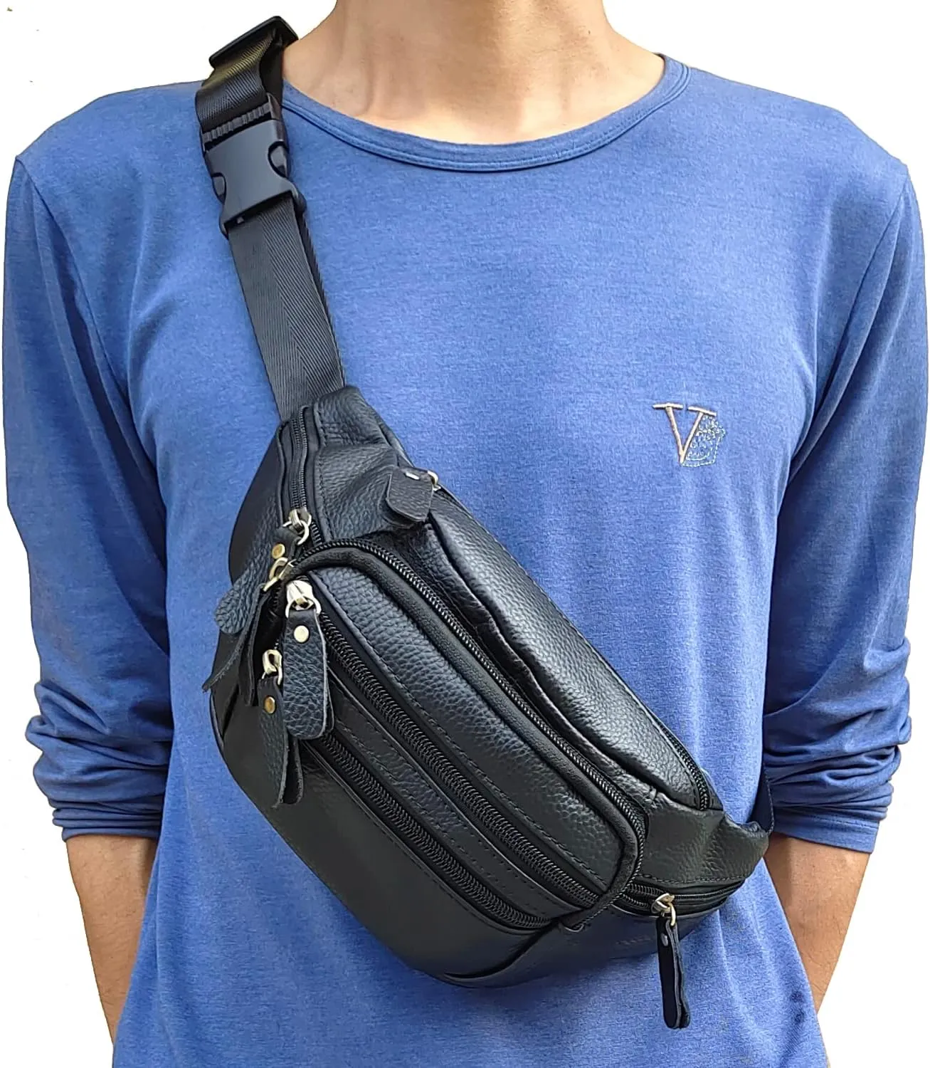 Hebetag Leather Waist Pack Outdoor Fanny Bag for Men Women Travel Hiking Camping Running Hip Bum Belt Cell Phone Purse Wallet Pouch (Black)