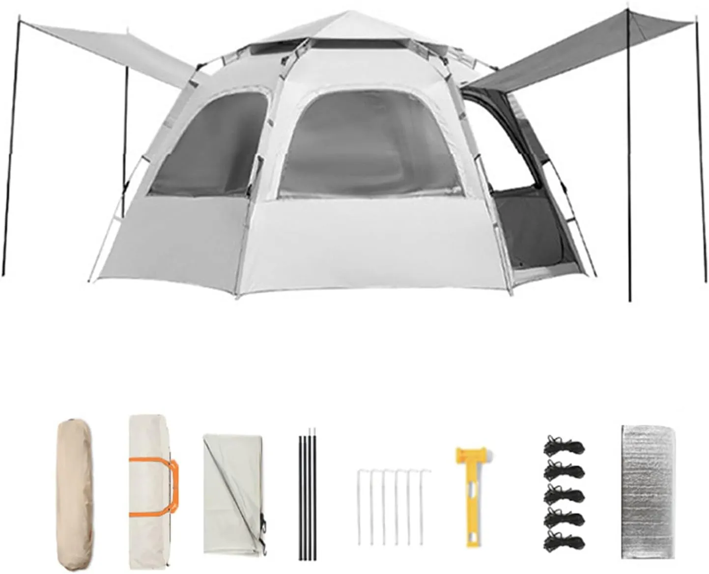 Hexagonal Camping Tent 3-5/5-8 Person Outdoor Automatic Instant Pop-up Beach Folding Tent 3 Doors 5 Mesh Windows Large Family Tent with Mat and Carry Bag