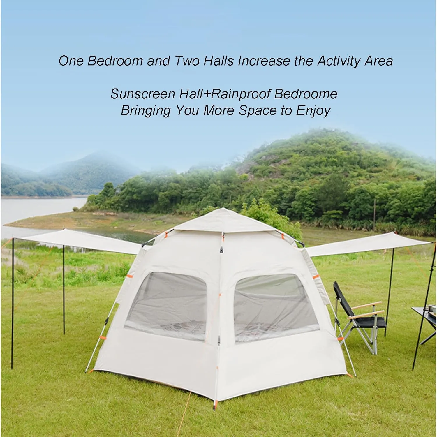 Hexagonal Camping Tent 3-5/5-8 Person Outdoor Automatic Instant Pop-up Beach Folding Tent 3 Doors 5 Mesh Windows Large Family Tent with Mat and Carry Bag