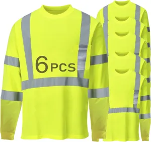 High Visibility Shirts for Men 6 pack, Hi Vis Reflective Breathable Safety Shirt for Work Warehouse, Long Sleeve Durable Shirts (Yellow, X-Large)