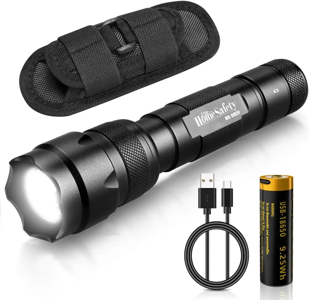Home Safety 502F Small Tactical Flashlight with Holster, Zoomable Pocket LED Flashlight Duty Flash Light, IPX65 Waterproof, EDC Flashlight for Camping, Hiking, Emergency (5Modes)