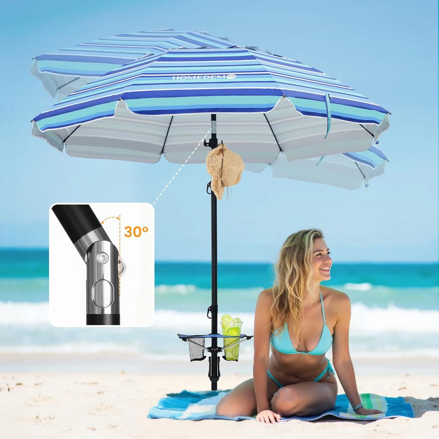 HOMEDEMO 7ft Beach Umbrellas For Sand Heavy Duty Wind, Portable Beach Umbrella UPF 50  Windproof Outdoor Beach Umbrella with Sand Anchor, Tilt Pole, Carry Bag, Table Tray, Vent and Hook