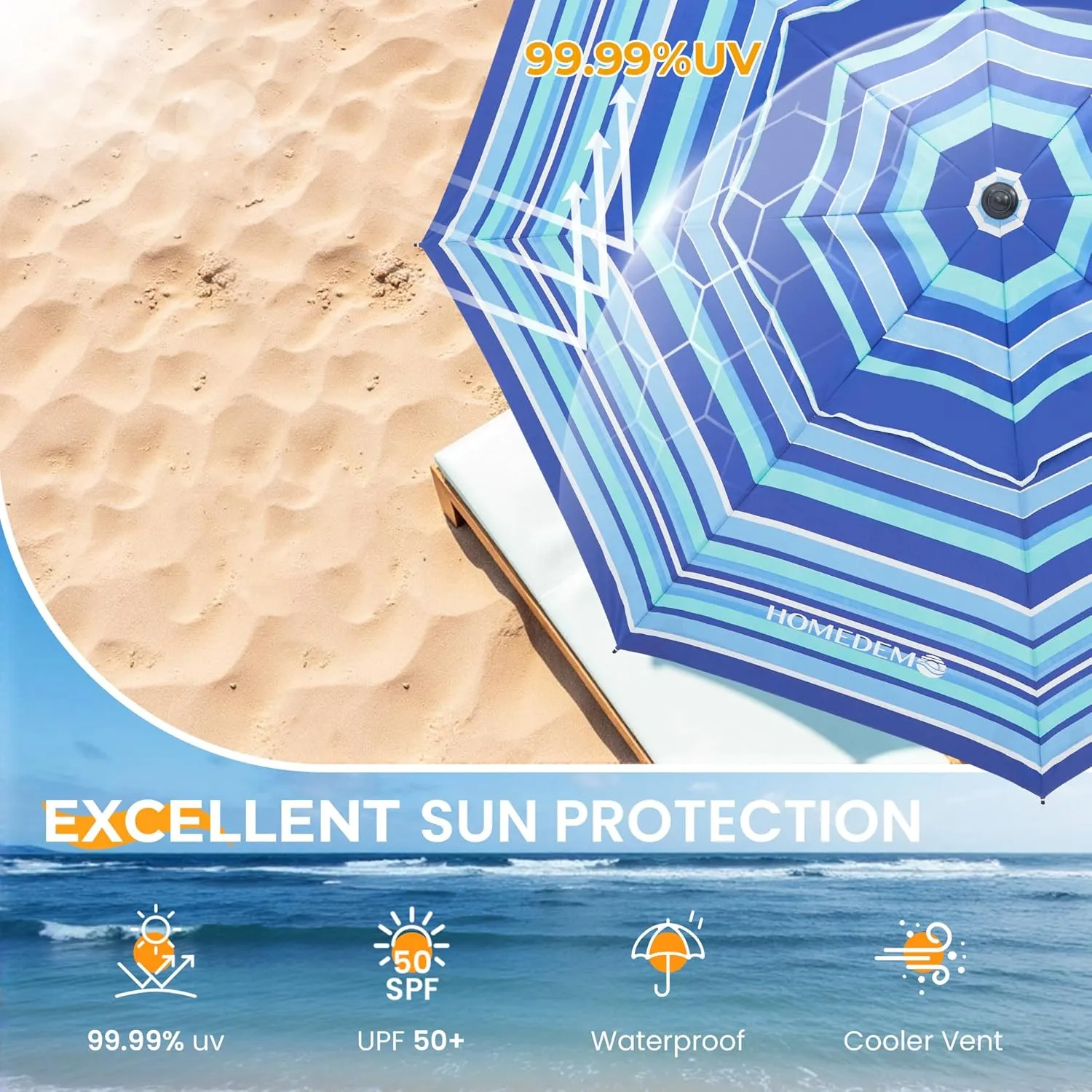 HOMEDEMO 7ft Beach Umbrellas For Sand Heavy Duty Wind, Portable Beach Umbrella UPF 50  Windproof Outdoor Beach Umbrella with Sand Anchor, Tilt Pole, Carry Bag, Table Tray, Vent and Hook