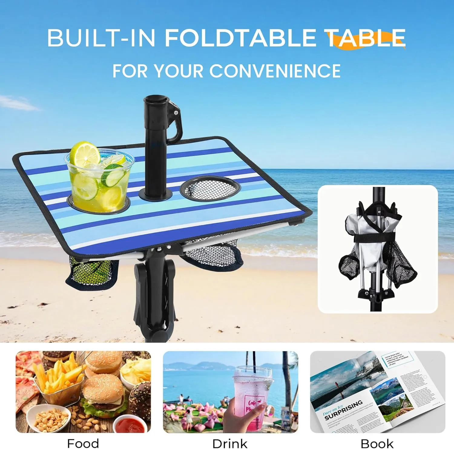 HOMEDEMO 7ft Beach Umbrellas For Sand Heavy Duty Wind, Portable Beach Umbrella UPF 50  Windproof Outdoor Beach Umbrella with Sand Anchor, Tilt Pole, Carry Bag, Table Tray, Vent and Hook