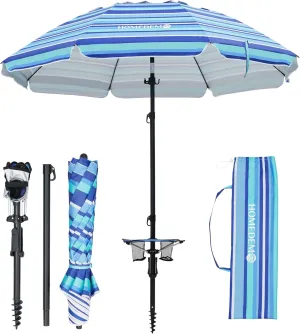 HOMEDEMO 7ft Beach Umbrellas For Sand Heavy Duty Wind, Portable Beach Umbrella UPF 50  Windproof Outdoor Beach Umbrella with Sand Anchor, Tilt Pole, Carry Bag, Table Tray, Vent and Hook
