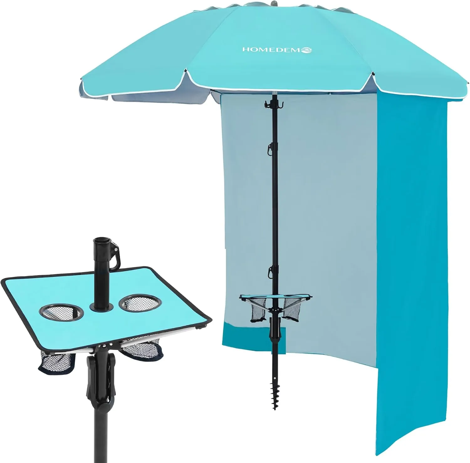 HOMEDEMO Heavy Duty High Wind Beach Umbrella with Sand Anchor,Built-in Table Tray & Tilt Pole&Hook& Curtain, UPF 50  Windproof Portable Beach Umbrella for Patio Garden Pool Backyard