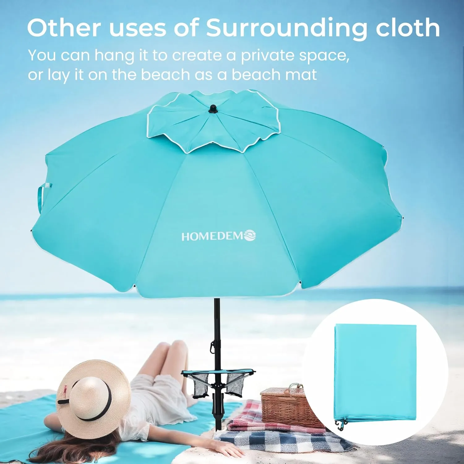 HOMEDEMO Heavy Duty High Wind Beach Umbrella with Sand Anchor,Built-in Table Tray & Tilt Pole&Hook& Curtain, UPF 50  Windproof Portable Beach Umbrella for Patio Garden Pool Backyard