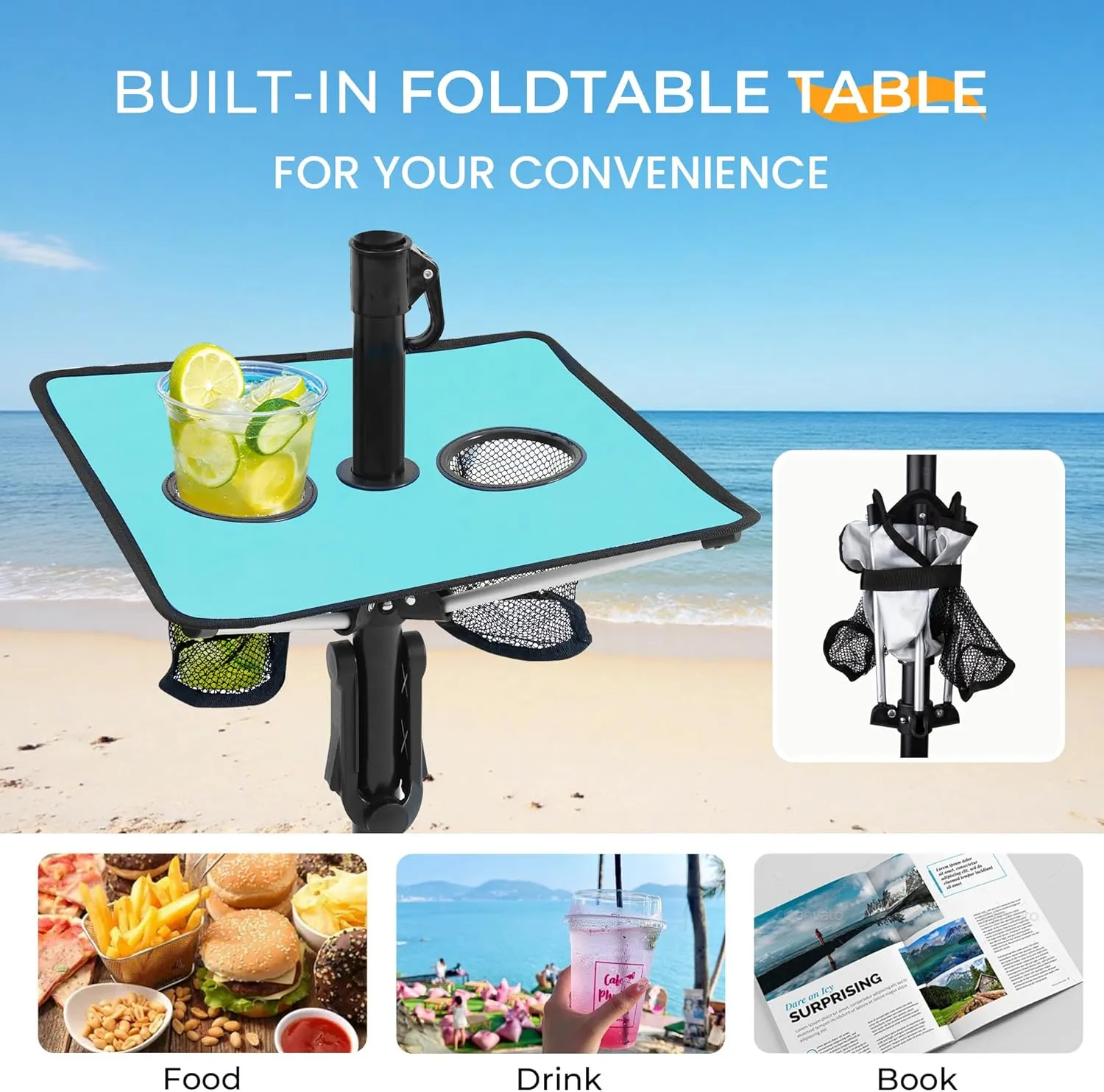 HOMEDEMO Heavy Duty High Wind Beach Umbrella with Sand Anchor,Built-in Table Tray & Tilt Pole&Hook& Curtain, UPF 50  Windproof Portable Beach Umbrella for Patio Garden Pool Backyard
