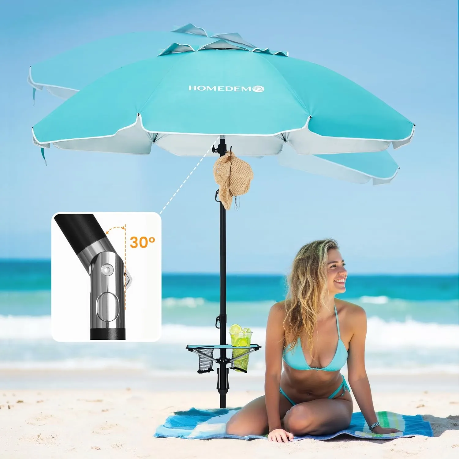 HOMEDEMO Heavy Duty High Wind Beach Umbrella with Sand Anchor,Built-in Table Tray & Tilt Pole&Hook& Curtain, UPF 50  Windproof Portable Beach Umbrella for Patio Garden Pool Backyard