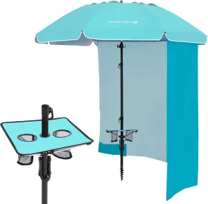 HOMEDEMO Heavy Duty High Wind Beach Umbrella with Sand Anchor,Built-in Table Tray & Tilt Pole&Hook& Curtain, UPF 50  Windproof Portable Beach Umbrella for Patio Garden Pool Backyard