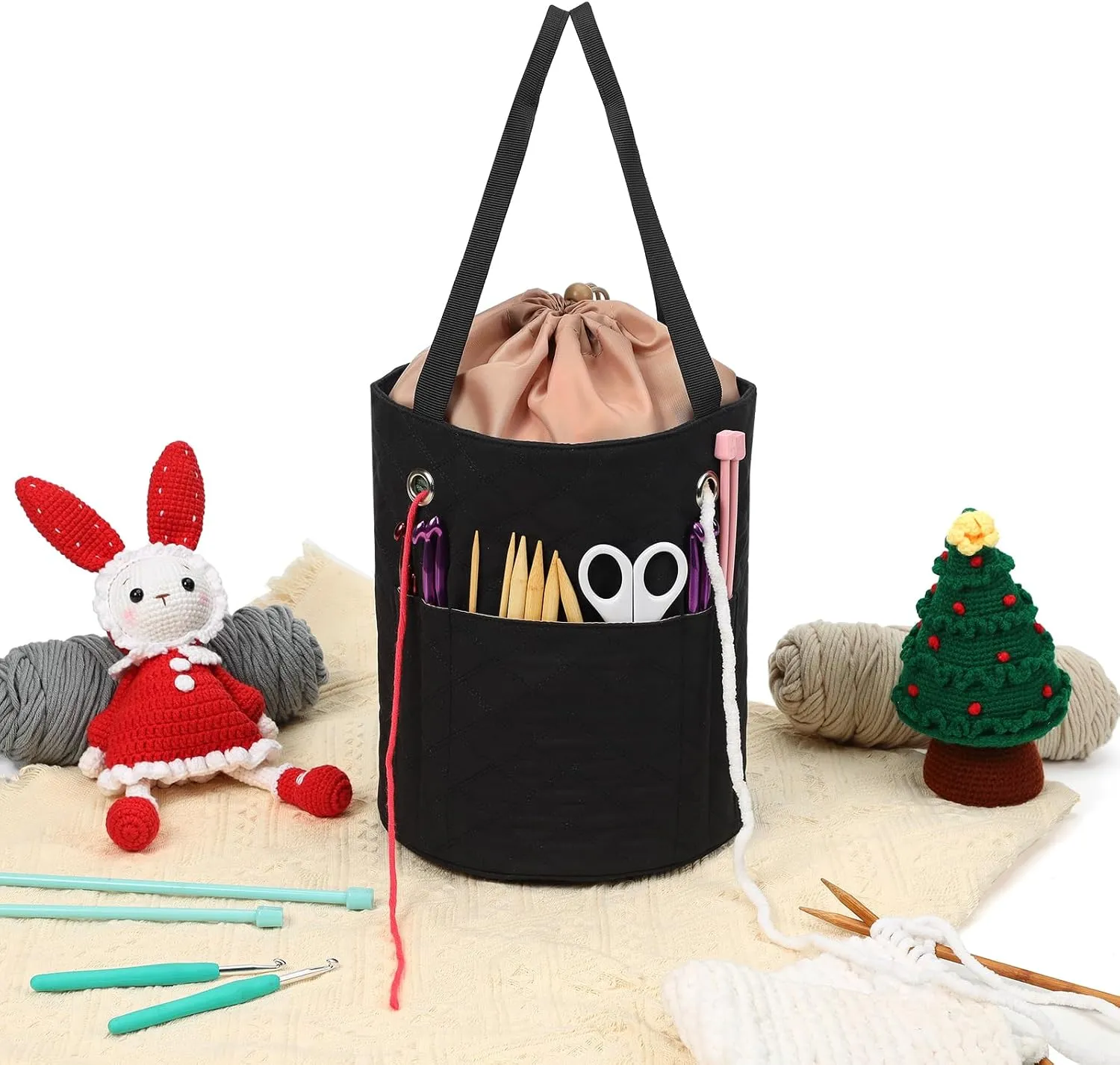 HOMEST Crochet Bag Organizer, Yarn Bowl Holder Storage, Knitting Bag for Crocheting Projects, Knitwear Accessories and Supplies, Black
