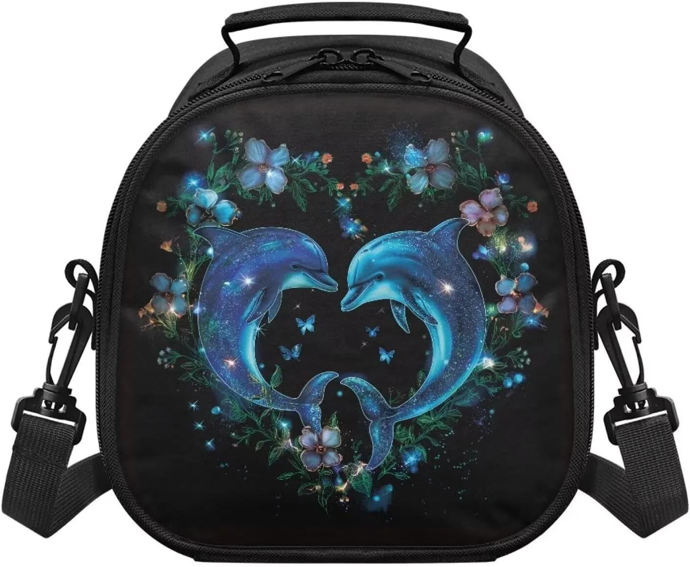 HUGS IDEA Blue Dolphin Lunch Bag for Women Insulated Trendy Lunch Box Bag with Strap Crossbody Purse Snack Storage Pouch for Adult Travel Picnic Office Work Lightweight Lunchbox with Handle