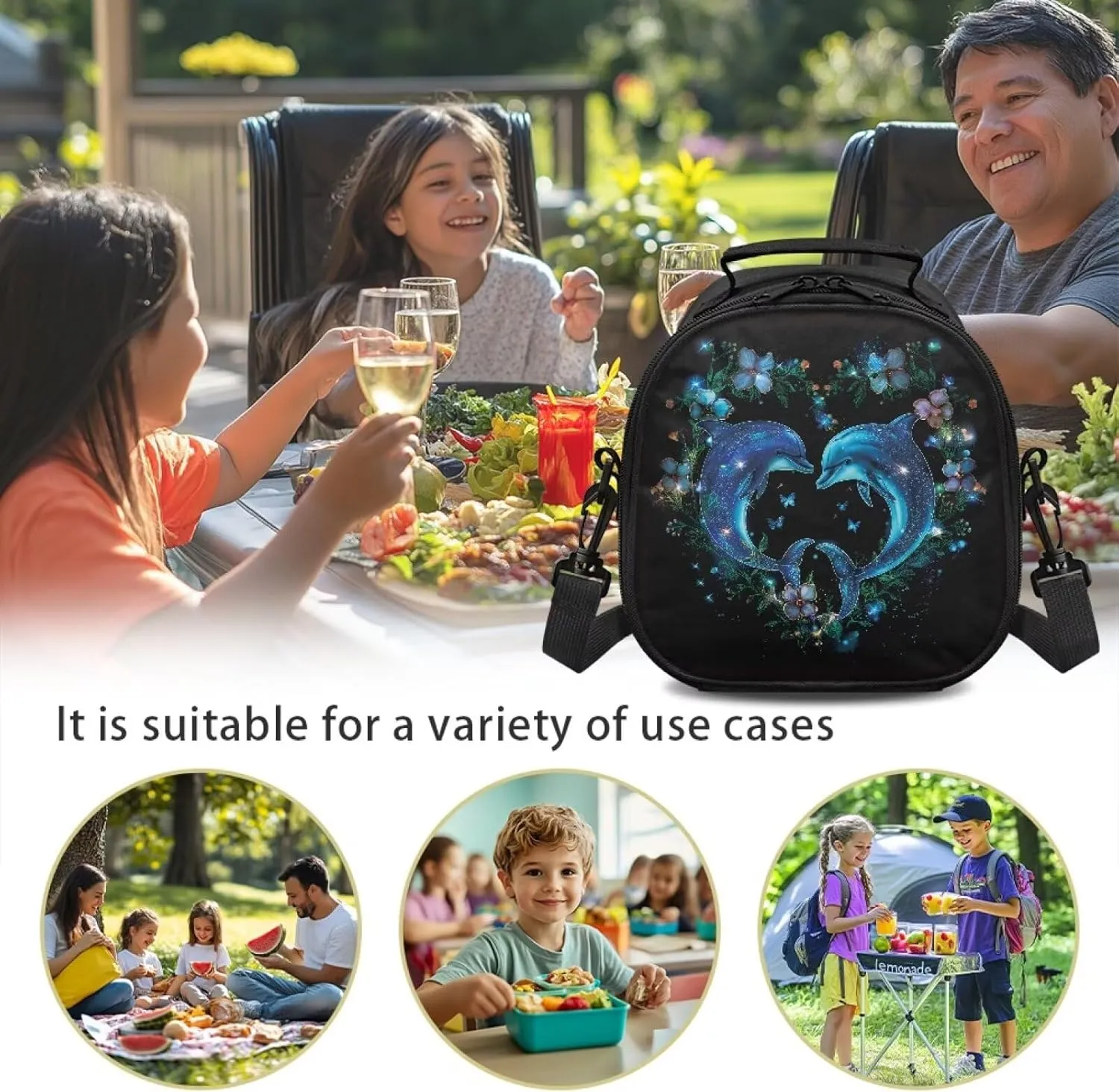 HUGS IDEA Blue Dolphin Lunch Bag for Women Insulated Trendy Lunch Box Bag with Strap Crossbody Purse Snack Storage Pouch for Adult Travel Picnic Office Work Lightweight Lunchbox with Handle