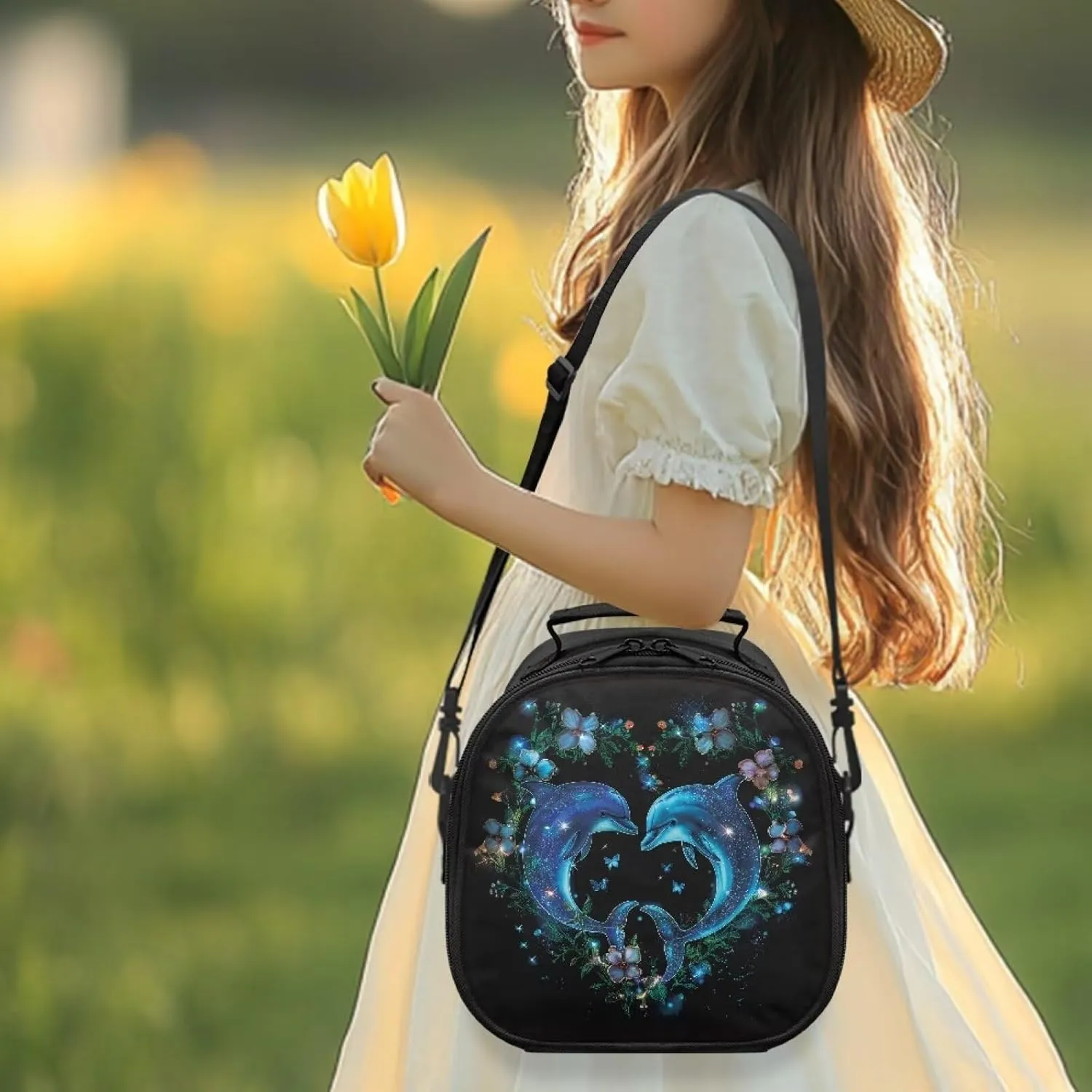 HUGS IDEA Blue Dolphin Lunch Bag for Women Insulated Trendy Lunch Box Bag with Strap Crossbody Purse Snack Storage Pouch for Adult Travel Picnic Office Work Lightweight Lunchbox with Handle
