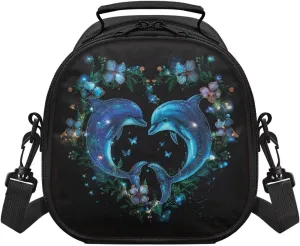 HUGS IDEA Blue Dolphin Lunch Bag for Women Insulated Trendy Lunch Box Bag with Strap Crossbody Purse Snack Storage Pouch for Adult Travel Picnic Office Work Lightweight Lunchbox with Handle