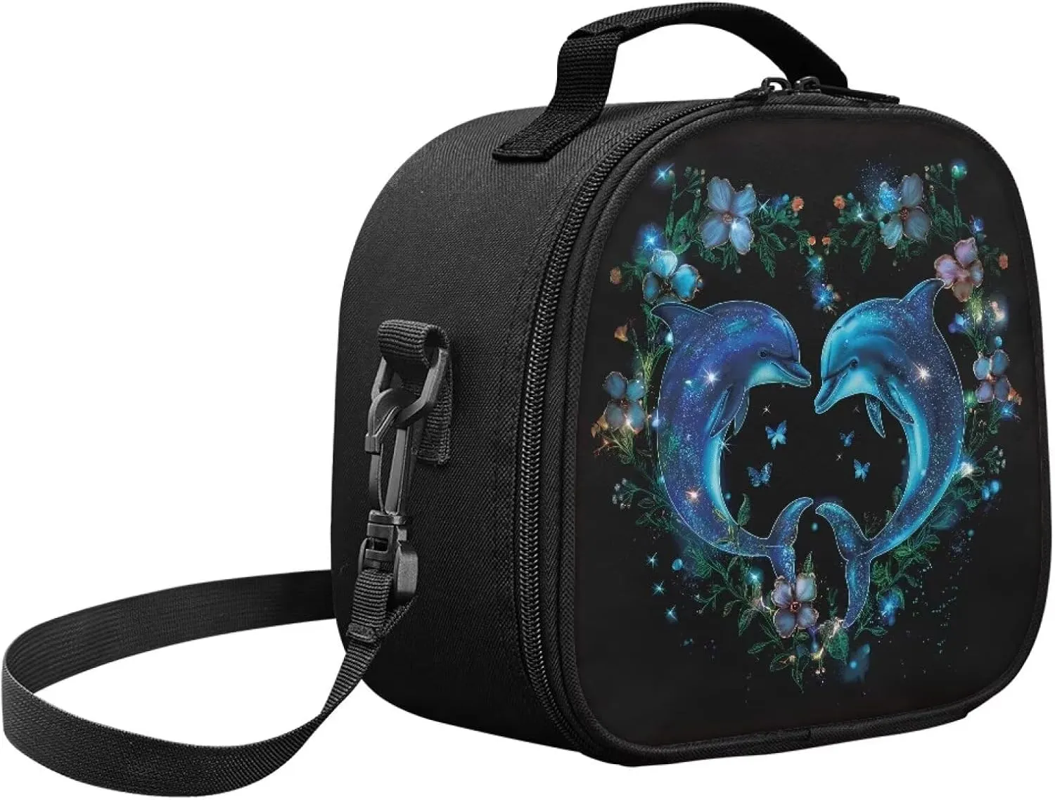 HUGS IDEA Blue Dolphin Lunch Bag for Women Insulated Trendy Lunch Box Bag with Strap Crossbody Purse Snack Storage Pouch for Adult Travel Picnic Office Work Lightweight Lunchbox with Handle