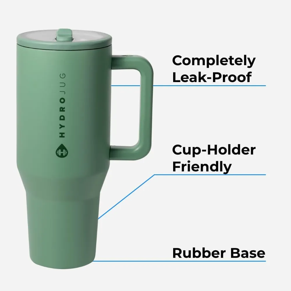 HydroJug Traveler - 32 oz Water Bottle with Handle & Flip Straw - Fits in Cup Holder, Leak Resistant Tumbler-Reusable Insulated Stainless Steel & Rubber Base - Gifts for Women & Men, Glacier