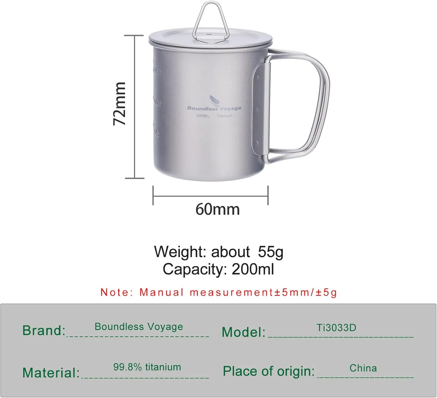 iBasingo 200ml Titanium Mug with Lid Tea Coffee Water Cup Outdoor Camping Pot Ultra-light Portable Hiking Backpacking Cooking Kit Picnic Tableware Drinkware with Foldable Handle Ti3033D