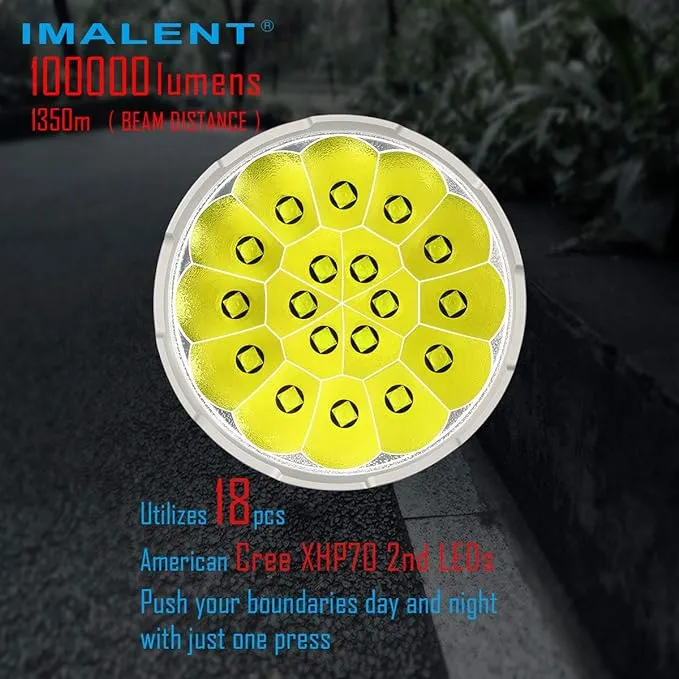 IMALENT MS18 Powerful Bright Flashlight 100,000 Lumens,Rechargeable Flashlights Use 18pcs Cree XHP70.2 LEDs, High Lumens Flashlight with OLED Display, LED Flashlight for Emergency