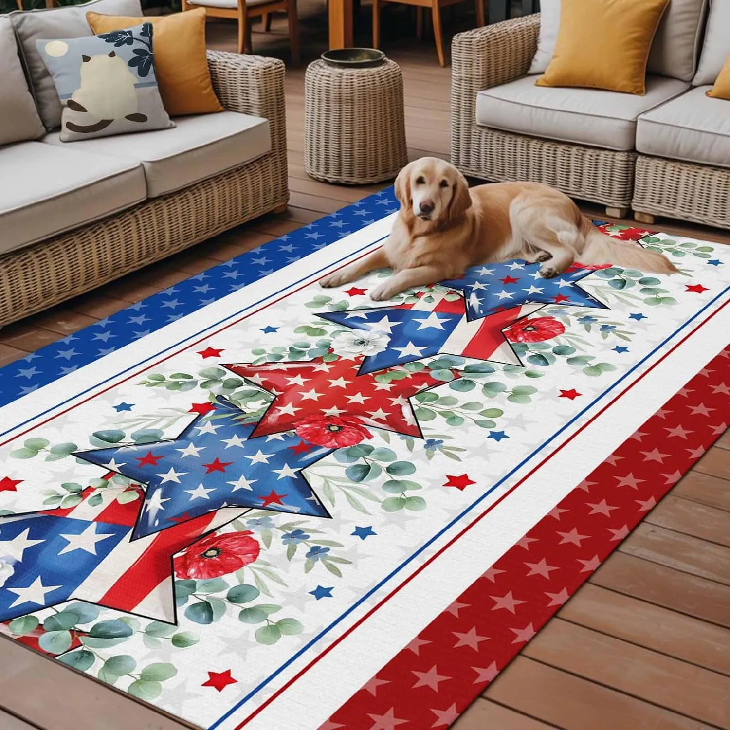 Independence Day Outdoor Rug 5x8ft Large Patio Rug,Washable RV Camping Outside Area Runner Rug Mat,Star Stripe Flag Eucalyptus Red Blue Carpet for Picnic Backyard Deck Porch Balcony Beach & Indoor