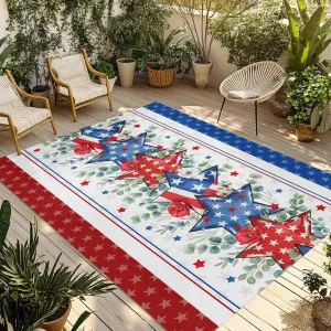 Independence Day Outdoor Rug 5x8ft Large Patio Rug,Washable RV Camping Outside Area Runner Rug Mat,Star Stripe Flag Eucalyptus Red Blue Carpet for Picnic Backyard Deck Porch Balcony Beach & Indoor