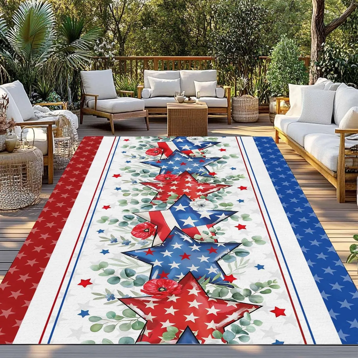 Independence Day Outdoor Rug 5x8ft Large Patio Rug,Washable RV Camping Outside Area Runner Rug Mat,Star Stripe Flag Eucalyptus Red Blue Carpet for Picnic Backyard Deck Porch Balcony Beach & Indoor