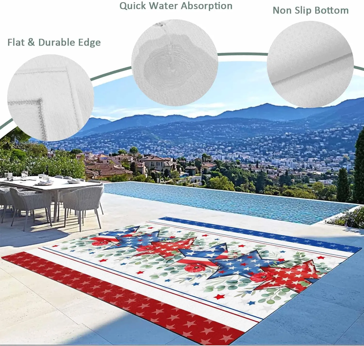 Independence Day Outdoor Rug 5x8ft Large Patio Rug,Washable RV Camping Outside Area Runner Rug Mat,Star Stripe Flag Eucalyptus Red Blue Carpet for Picnic Backyard Deck Porch Balcony Beach & Indoor