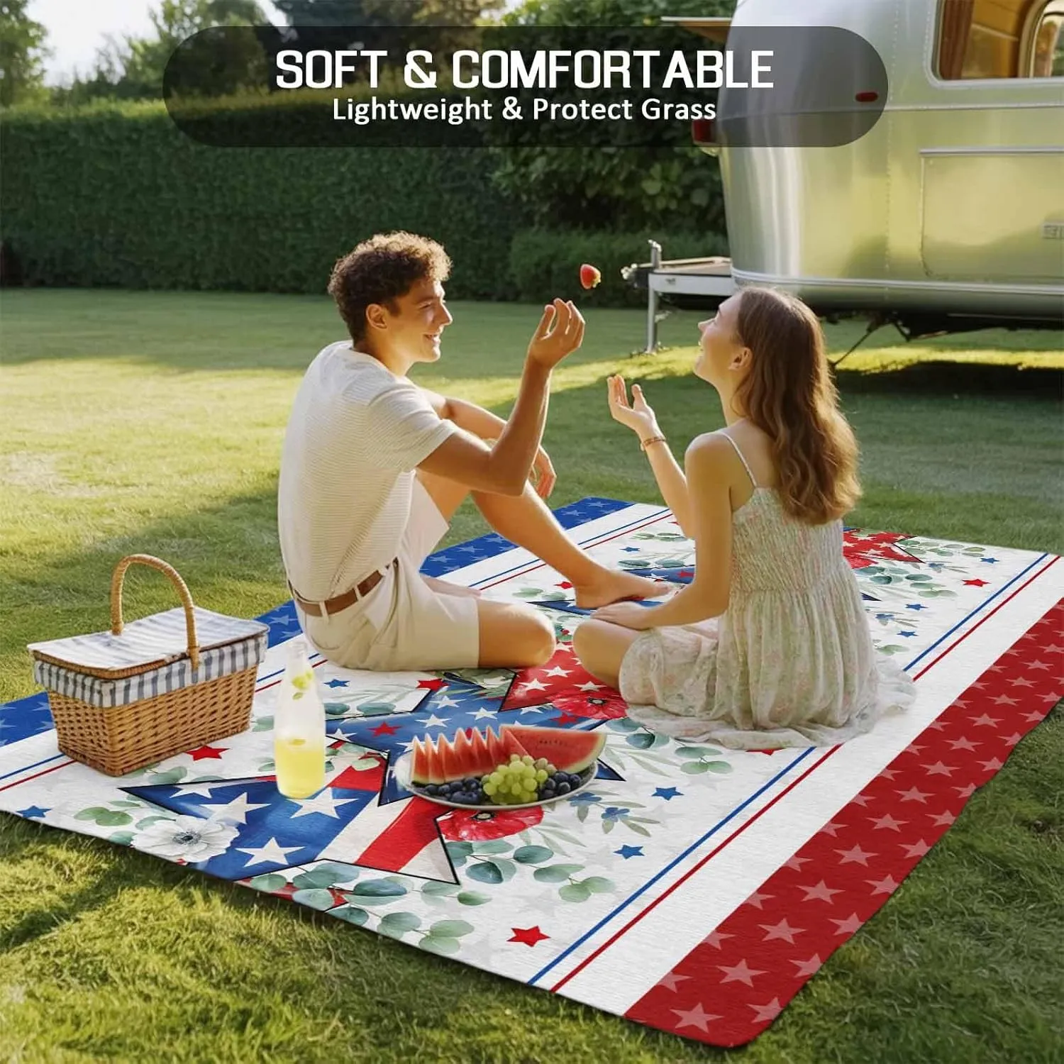 Independence Day Outdoor Rug 5x8ft Large Patio Rug,Washable RV Camping Outside Area Runner Rug Mat,Star Stripe Flag Eucalyptus Red Blue Carpet for Picnic Backyard Deck Porch Balcony Beach & Indoor