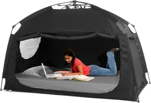 Indoor Instant Privacy Bed Tent for Sleeping,Quick Set-up Bed Canopies,Portable Bed Drapes with Large Space and 3 Doors (Black, Twin)
