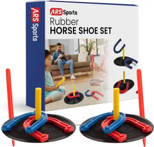 Indoor Outdoor Rubber Horseshoes Set: 4 Horseshoes, 2 Pegs, 2 Rubber Mats, 2 Red Plastic dowels & 1 Mesh Bag | Perfect for Tailgate, Beach, Parks, Picnics, Backyard, Fun for Kids Adults