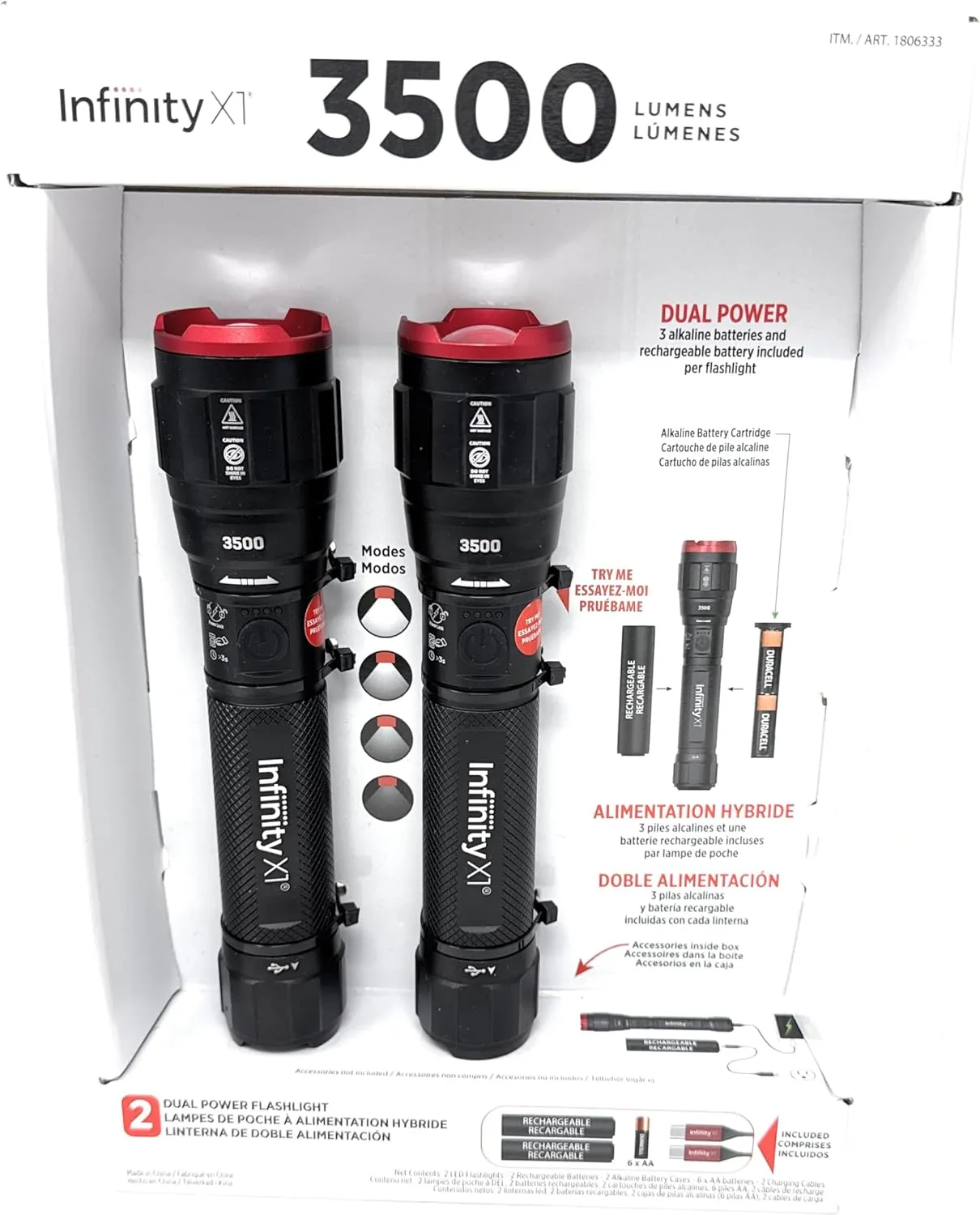 Infinity X1 3500 Lumen Dual Power Flashlight 2-Pack – High-Performance LED, Rechargeable or Alkaline Powered, 4 Light Modes, USB-C Charging, Includes Batteries and Cables